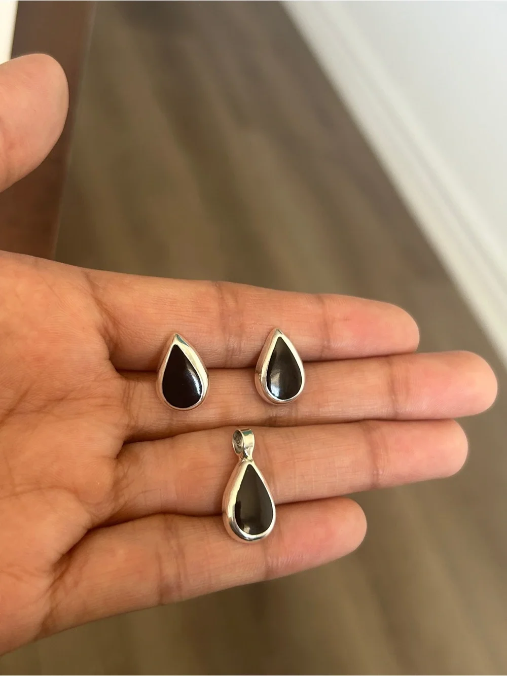 Taxco Mexico .925 Sterling Silver Black Teardrop Earrings & Pendant Set New